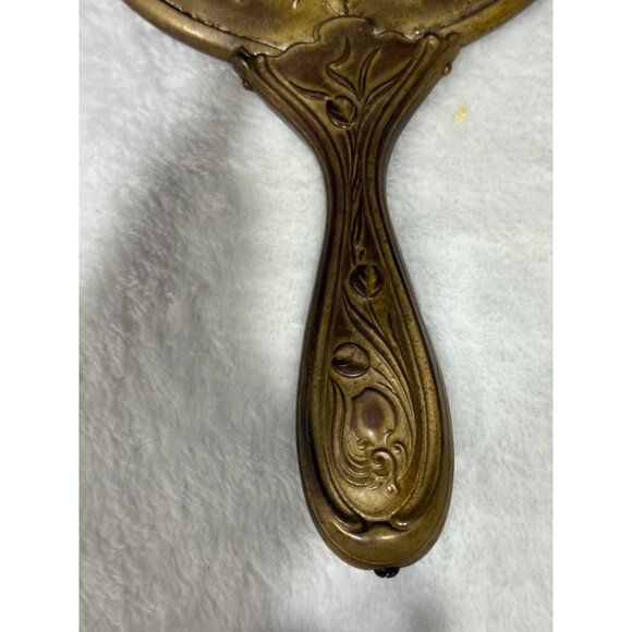 Antique Ornate Brass Hand Mirror With Cherub & Floral Design & Detailed Handle - Picture 5 of 13